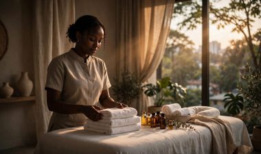 Therapist arranging towels and massage oils beside a spa treatment table.