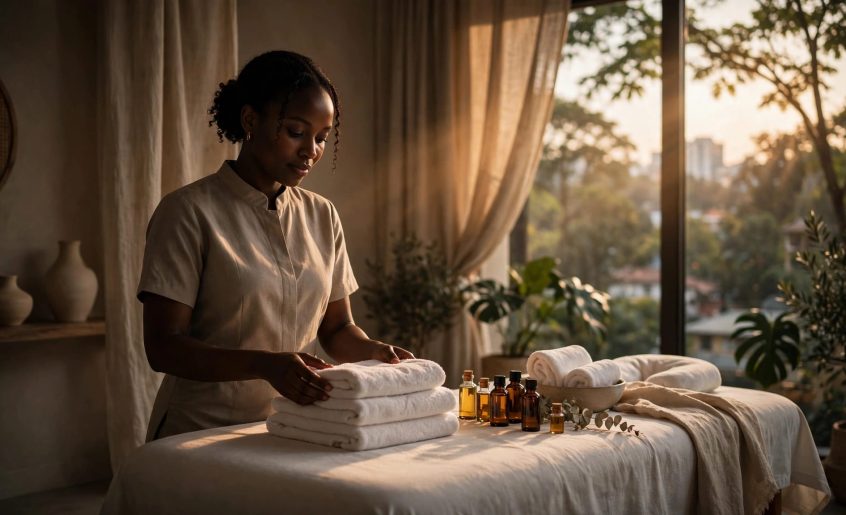 Therapist arranging towels and massage oils beside a spa treatment table.