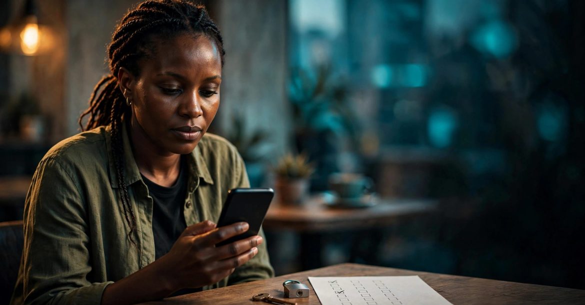 Woman checking a phone beside a key and privacy symbol in a café.