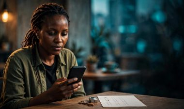 Woman checking a phone beside a key and privacy symbol in a café.