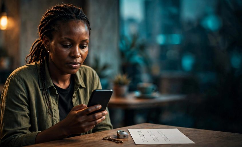 Woman checking a phone beside a key and privacy symbol in a café.