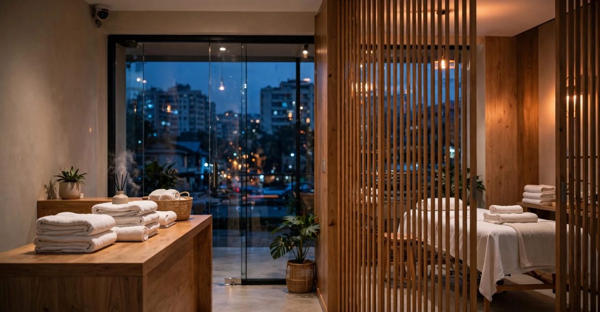 A discreet massage clinic reception with towels, a massage table, and blue city light outside.