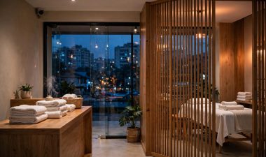 A discreet massage clinic reception with towels, a massage table, and blue city light outside.