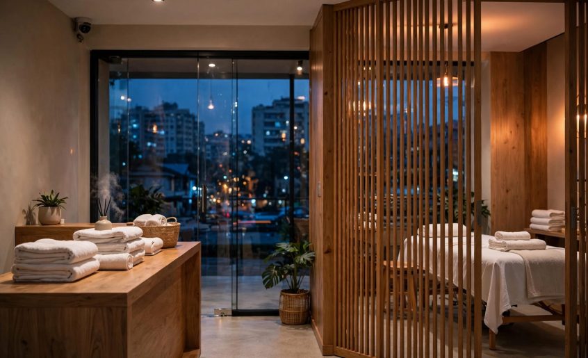 A discreet massage clinic reception with towels, a massage table, and blue city light outside.
