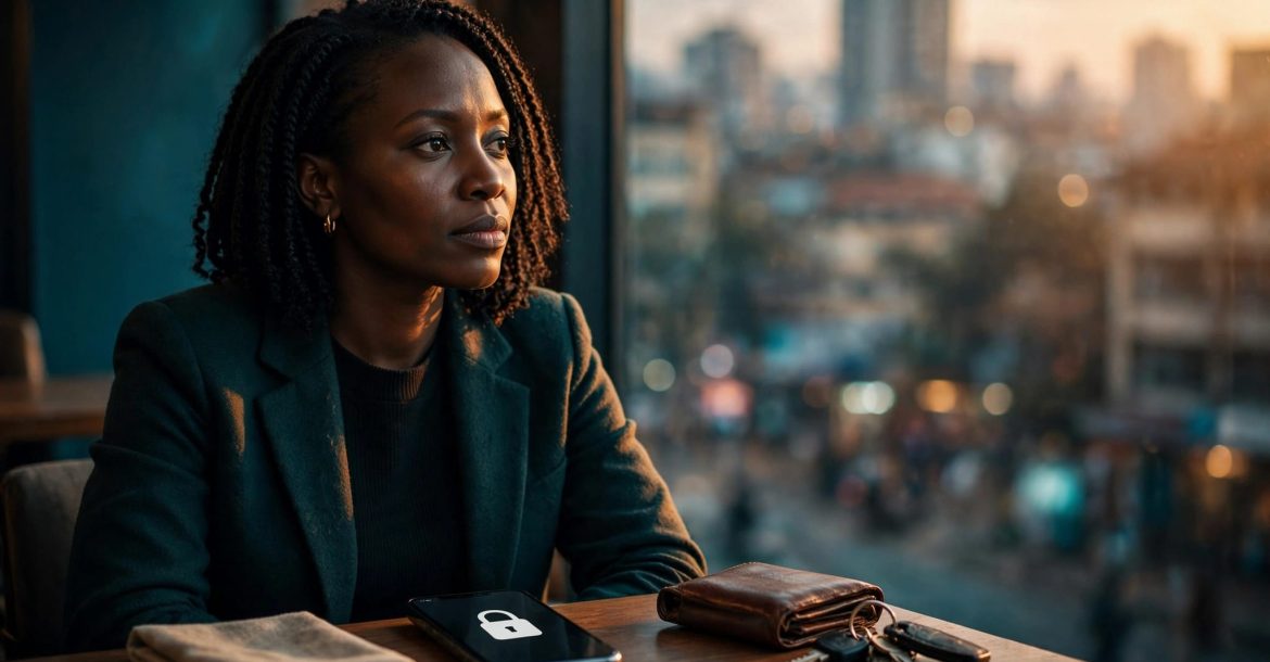 Woman checking a secure smartphone beside a wallet and keys in a Nairobi café.