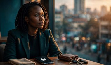 Woman checking a secure smartphone beside a wallet and keys in a Nairobi café.