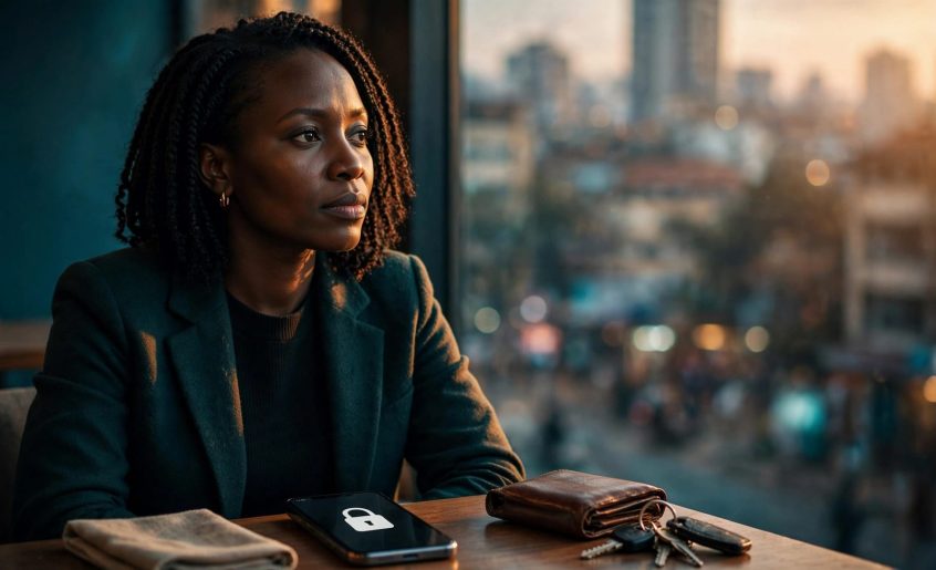 Woman checking a secure smartphone beside a wallet and keys in a Nairobi café.