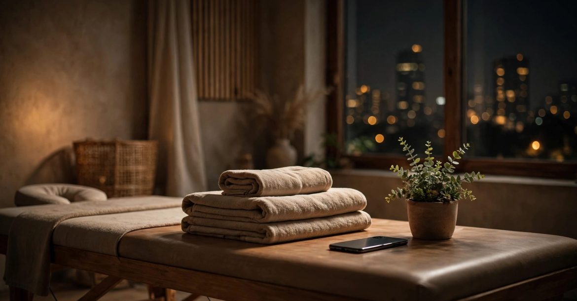 A warm massage studio with folded towels, a phone, and city lights outside.