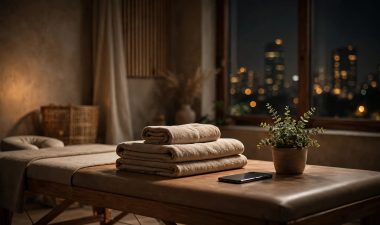 A warm massage studio with folded towels, a phone, and city lights outside.