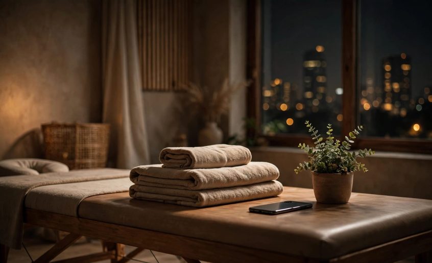 A warm massage studio with folded towels, a phone, and city lights outside.