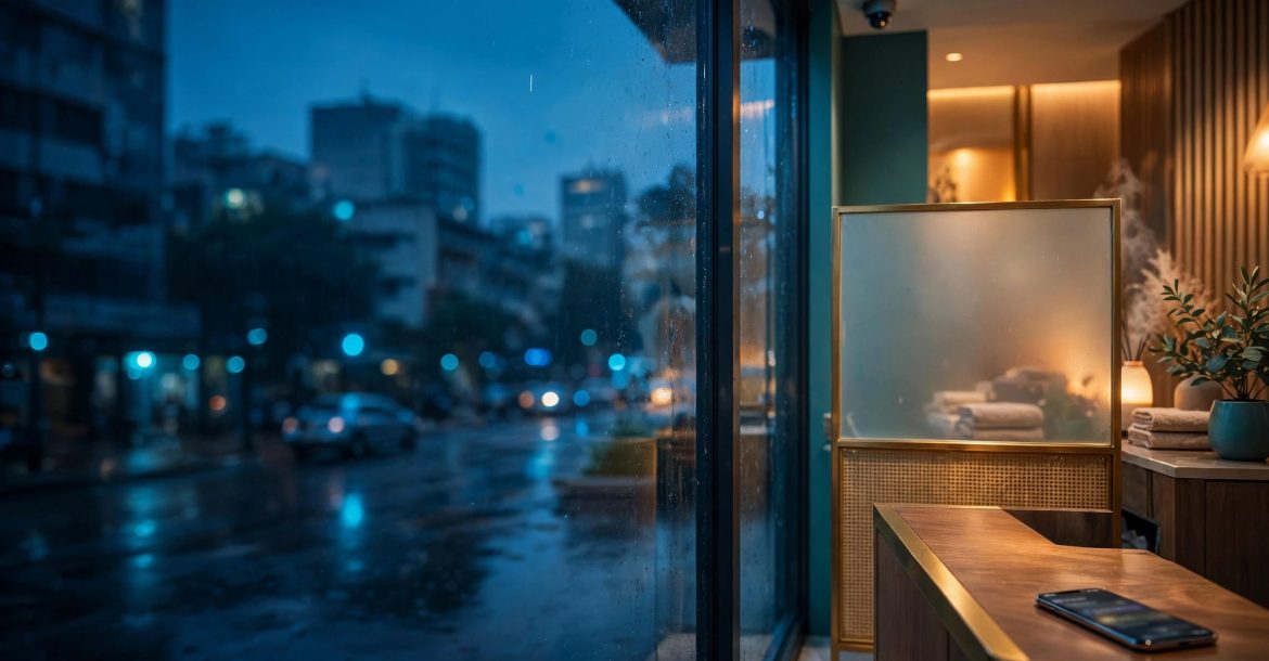 A warmly lit wellness reception viewed through glass on a blue evening street.