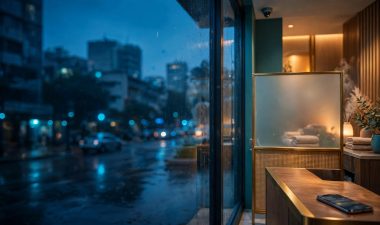 A warmly lit wellness reception viewed through glass on a blue evening street.