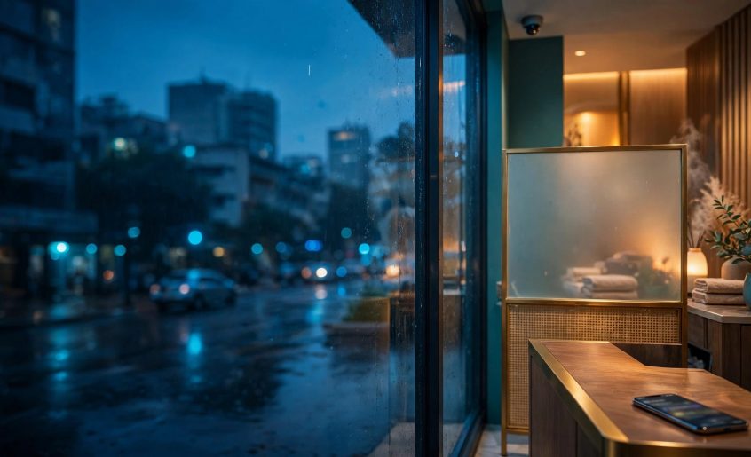 A warmly lit wellness reception viewed through glass on a blue evening street.