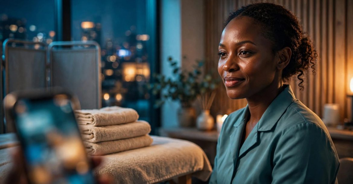 A wellness therapist stands beside a massage table in a warmly lit Nairobi spa.