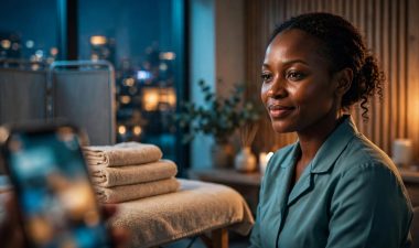 A wellness therapist stands beside a massage table in a warmly lit Nairobi spa.