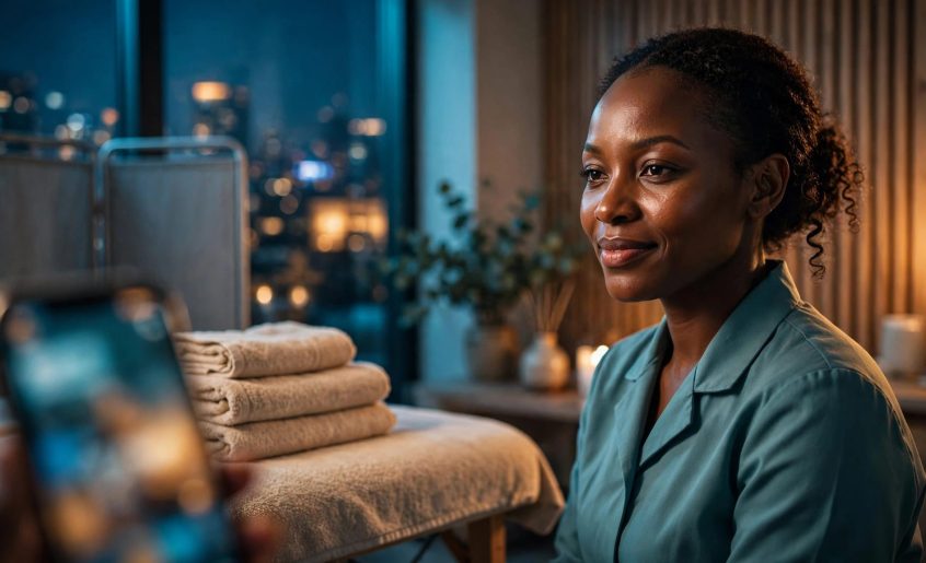 A wellness therapist stands beside a massage table in a warmly lit Nairobi spa.