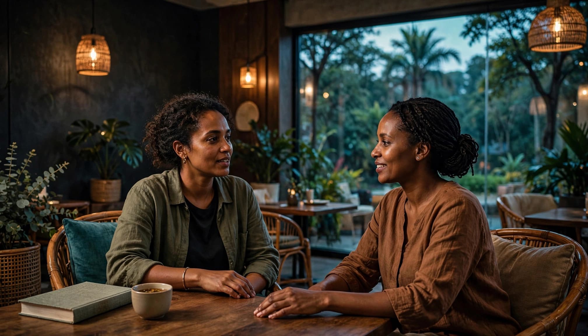Two women chat in a cafe beside a book and a large window.