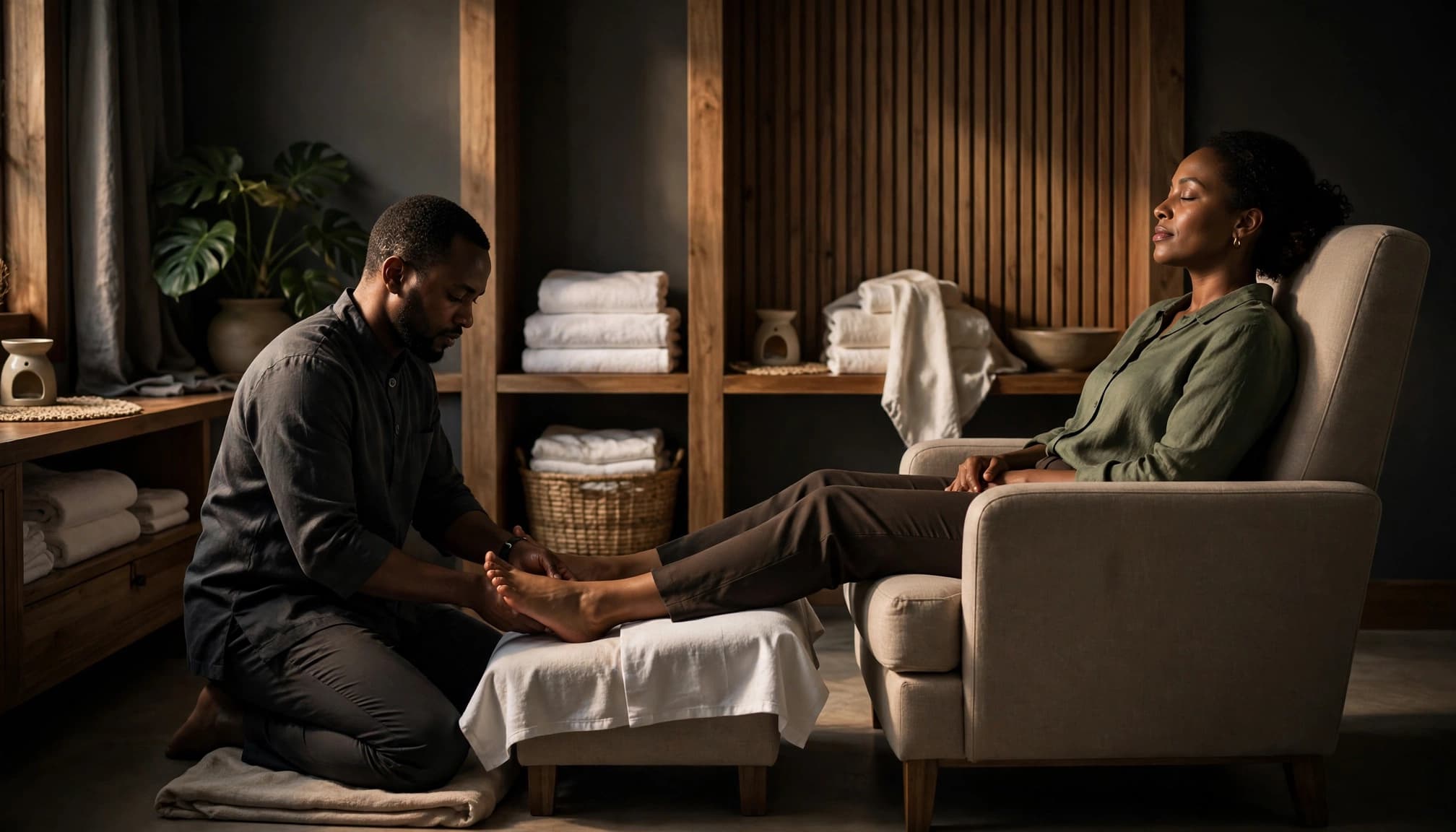 A therapist provides a foot massage to a seated client in a calm spa room.
