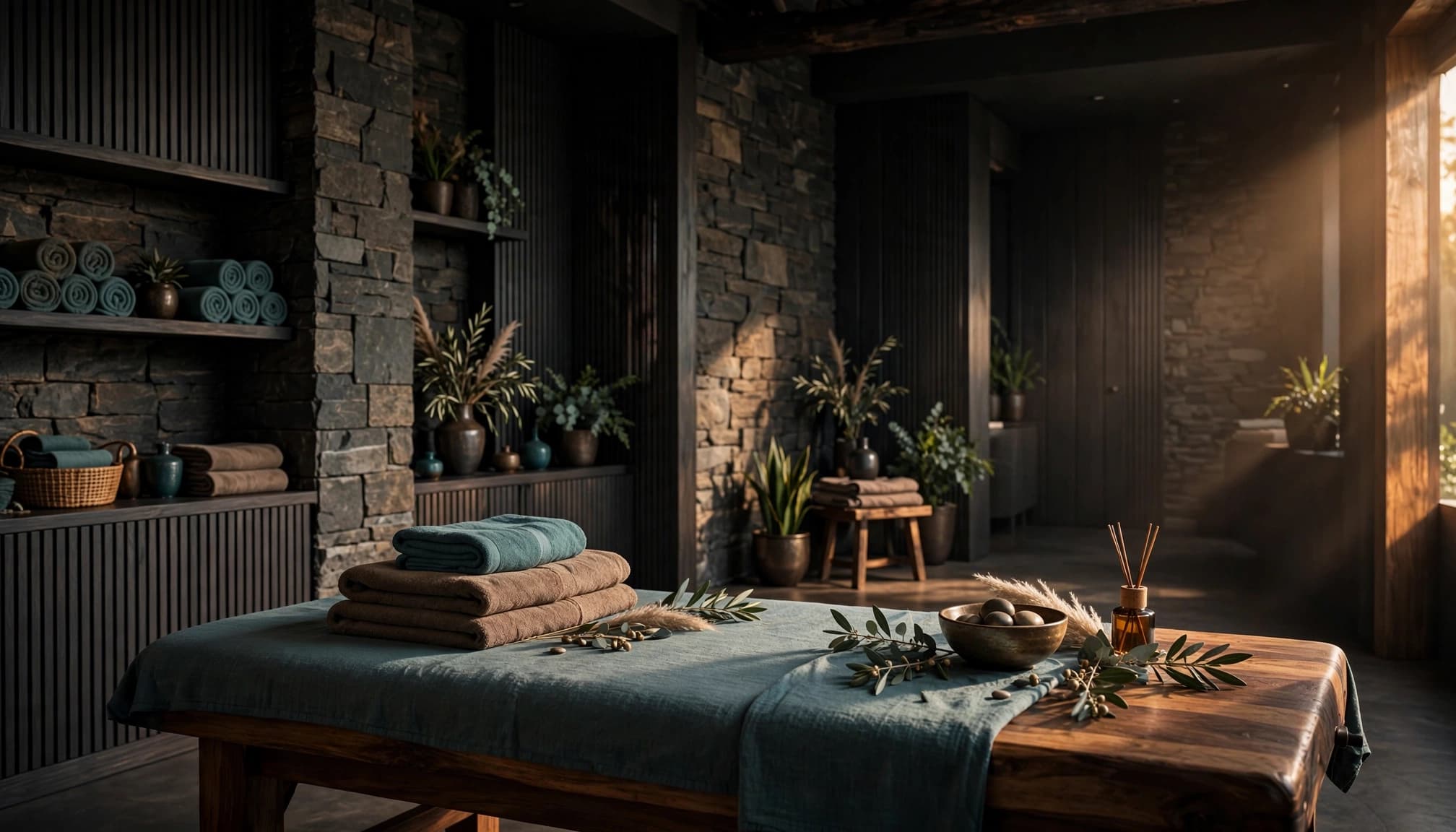 A prepared massage table with folded towels in a warmly lit spa room.