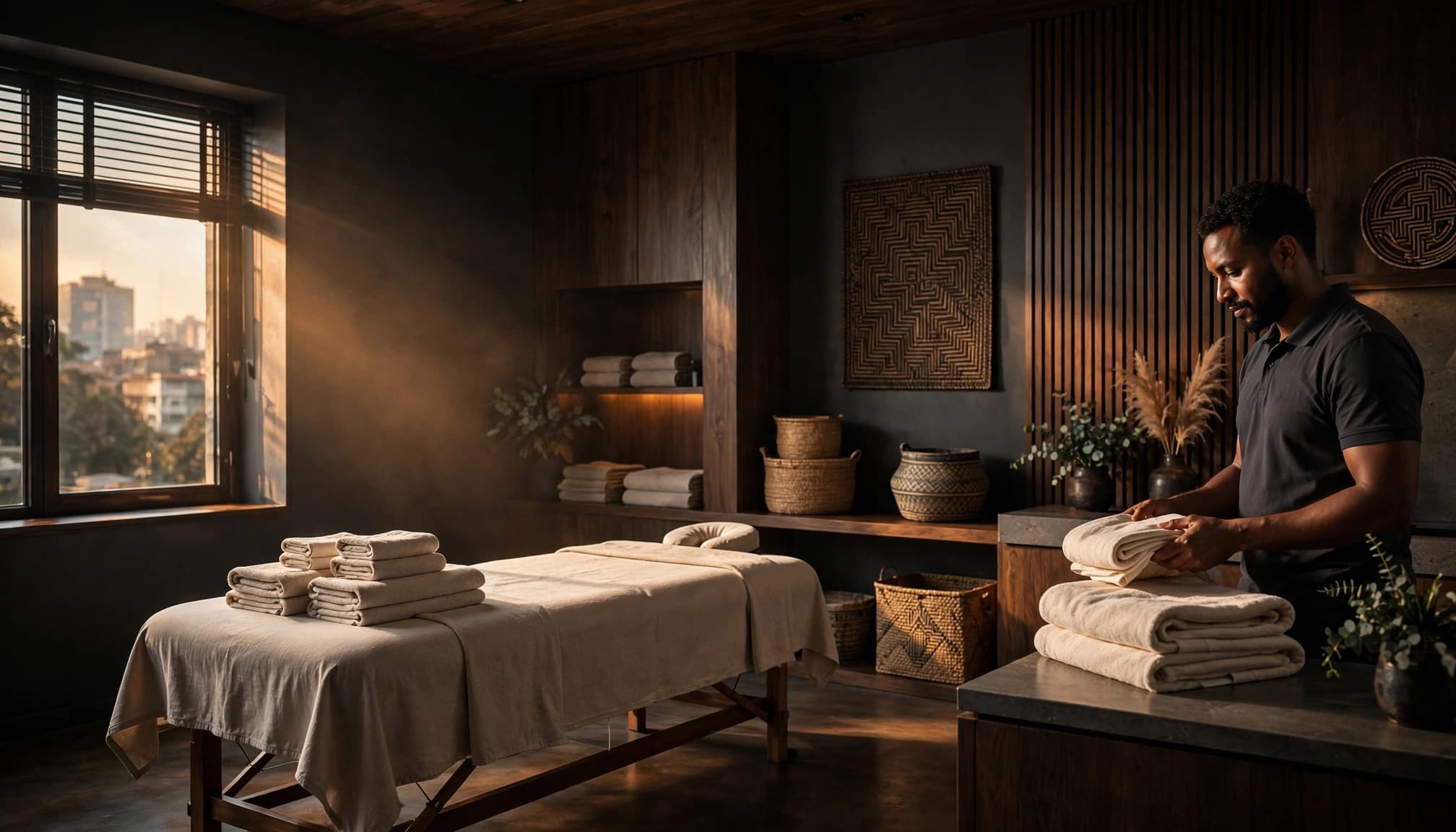 A therapist prepares a massage table in a warmly lit Nairobi studio.