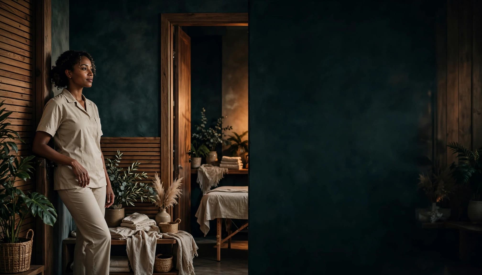 A massage professional stands beside a treatment room doorway in a warmly lit studio.