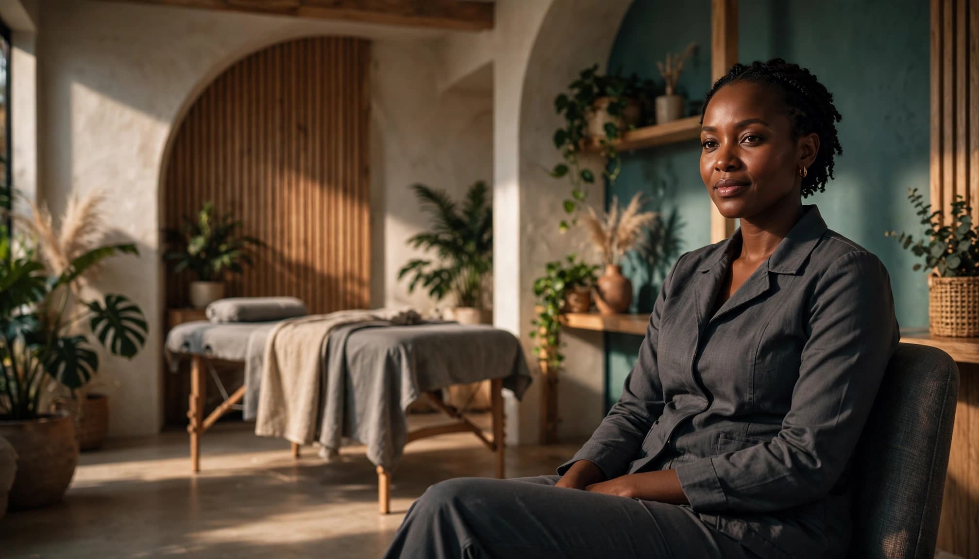 A wellness professional sits in a bright spa reception area beside a visible massage table.