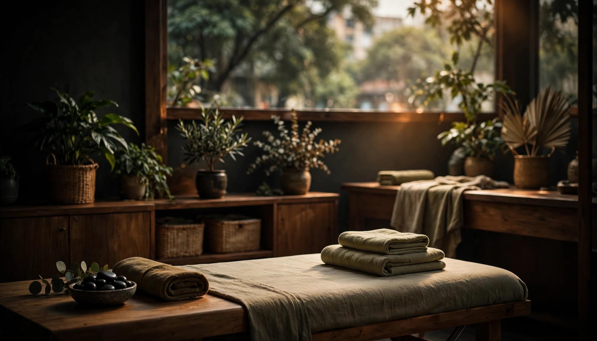 A prepared massage table with folded towels and stones in a warmly lit spa room.