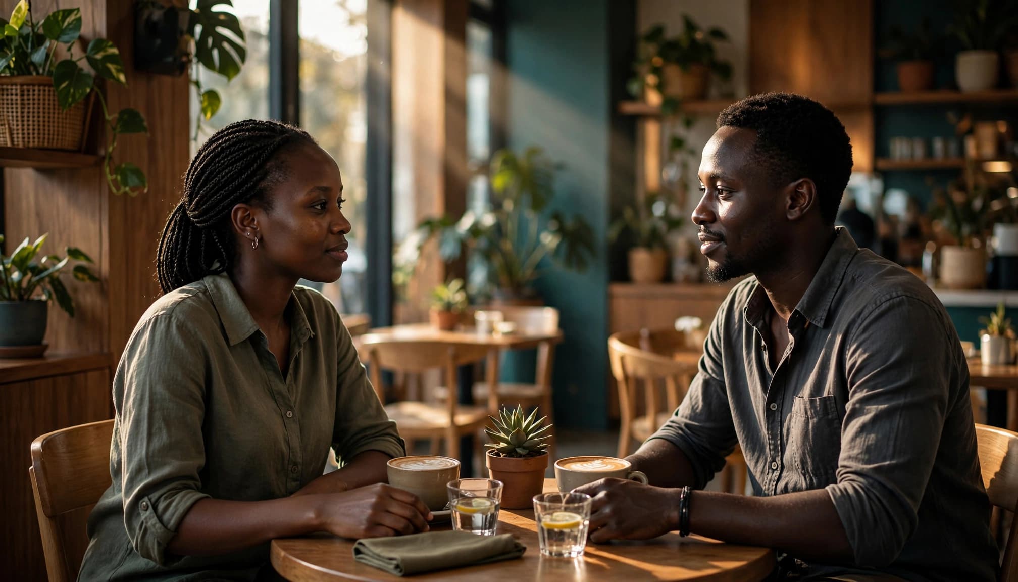 Two adults meet across a small cafe table in warm afternoon light.