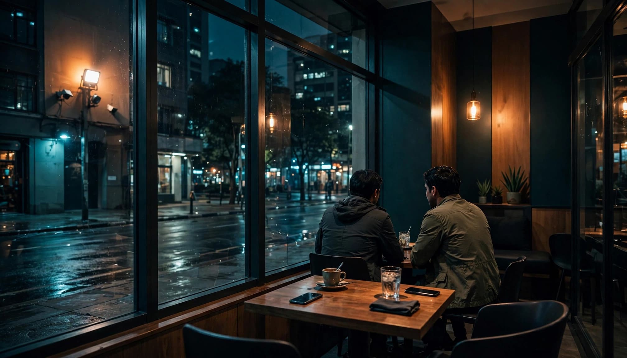 Two adults meet at a cafe table with phones nearby and security lights outside.