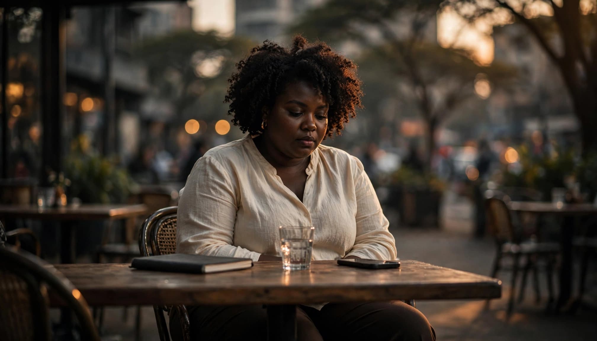 Woman alone at a cafe table with a notebook, water, and face-down phone.