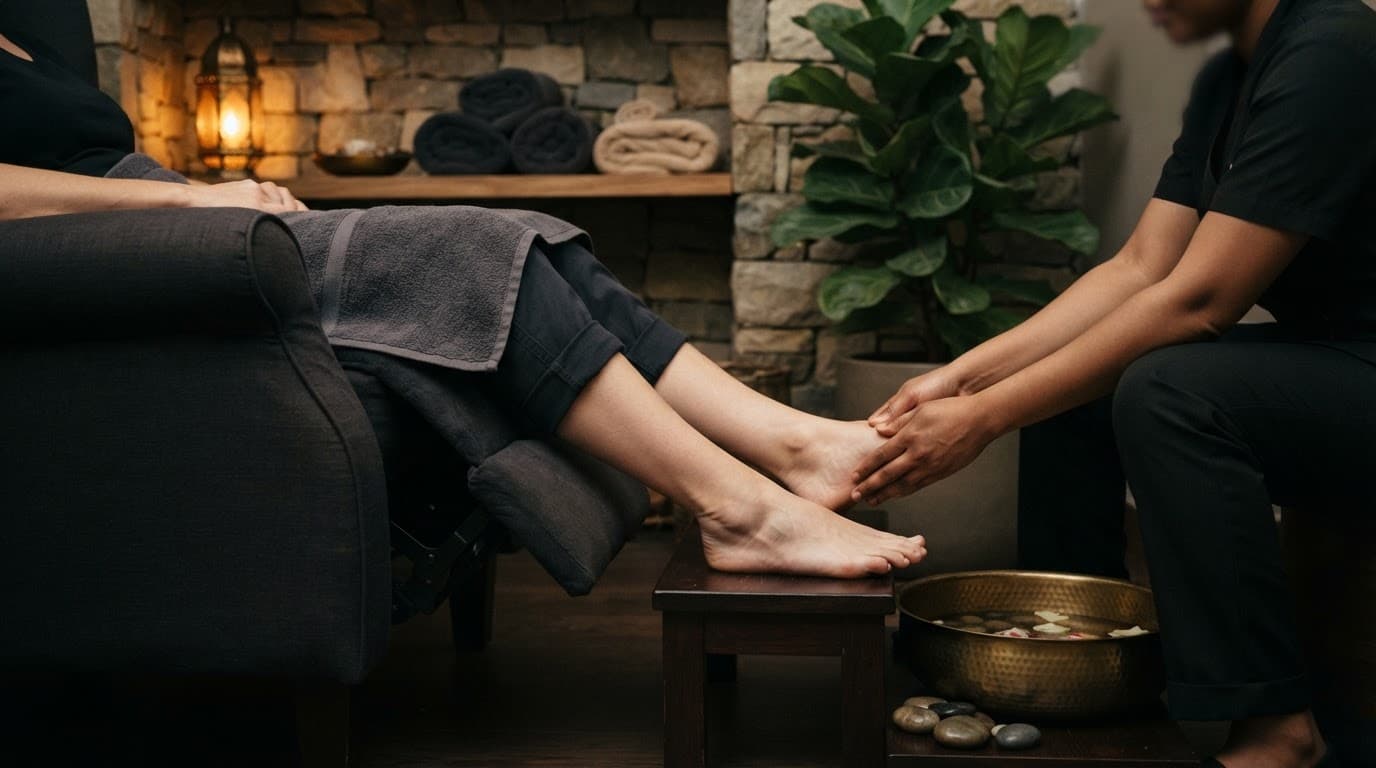 Towel-covered legs receive a professional foot massage in a softly lit spa room.