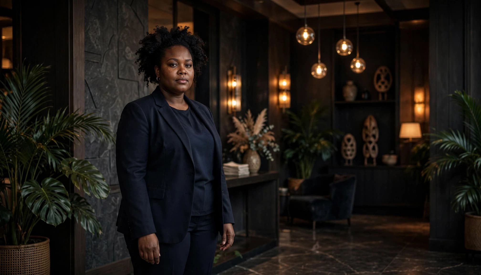 A woman in a navy suit stands in a warmly lit hotel lobby.