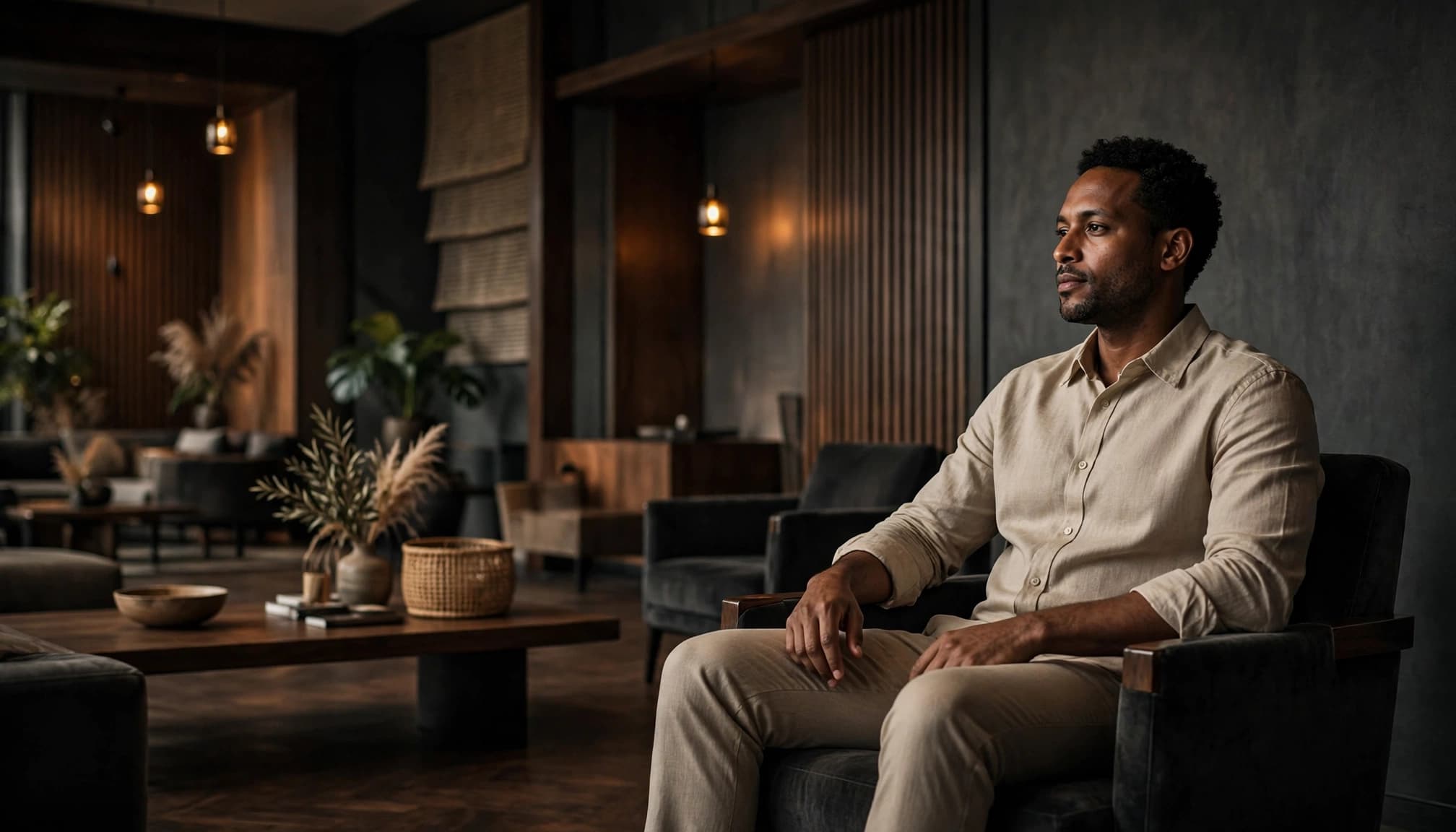 A dressed man sits alone in a warmly lit Nairobi hotel lounge.