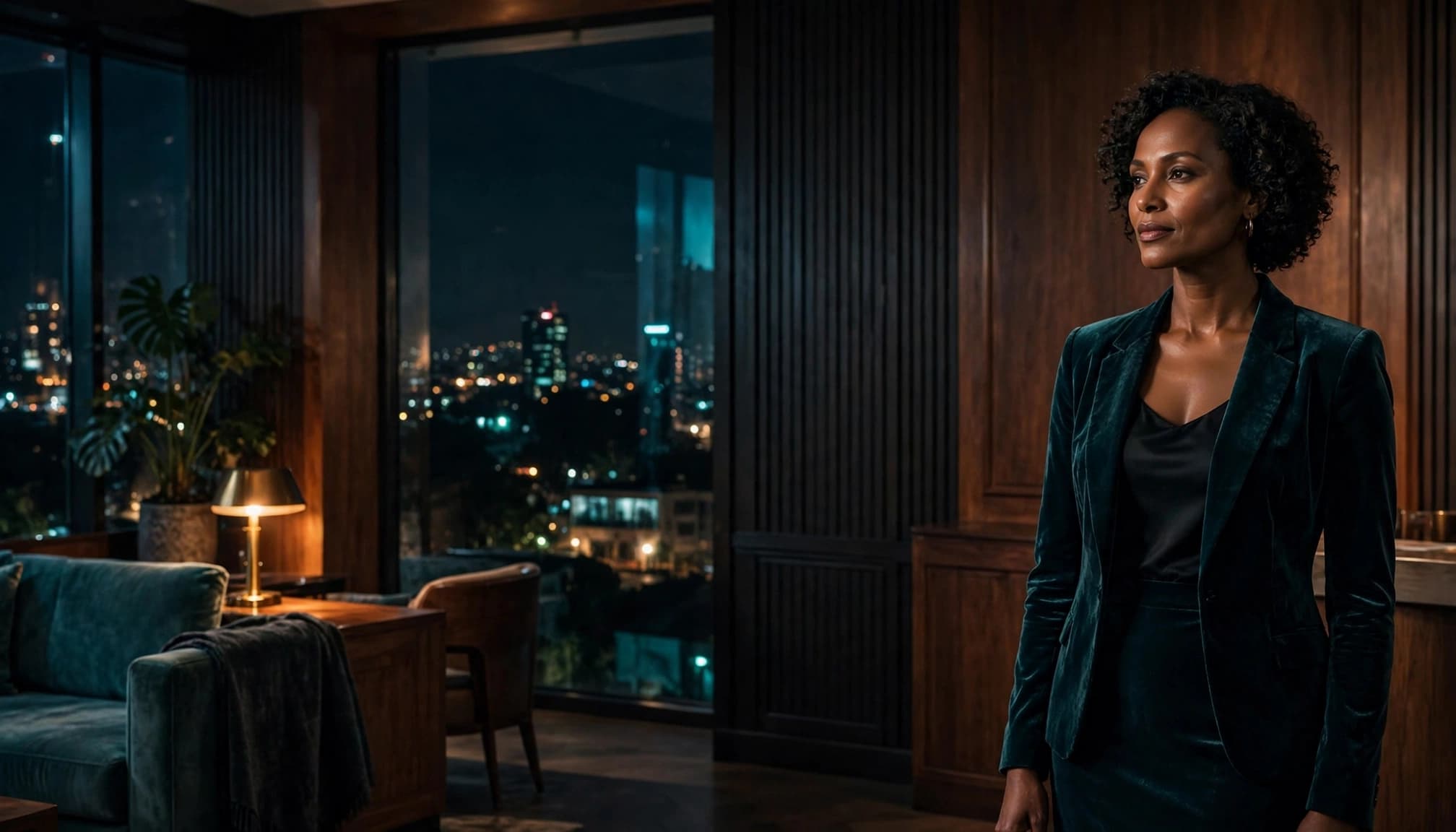 Woman standing in a refined Nairobi lounge with velvet seating and city lights.
