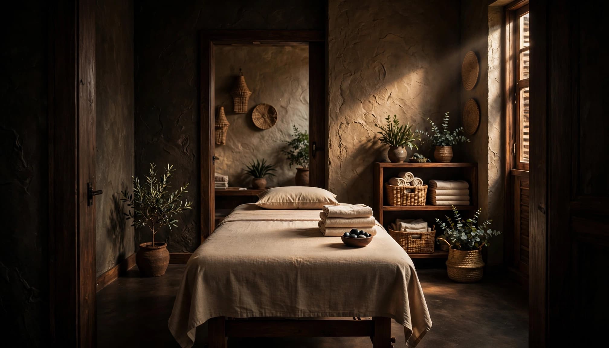 A treatment table with folded towels and stones in a softly lit wellness room.