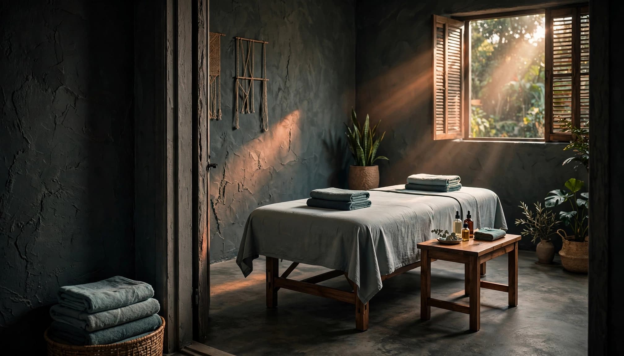 Massage table with folded towels and oils in a calm studio.