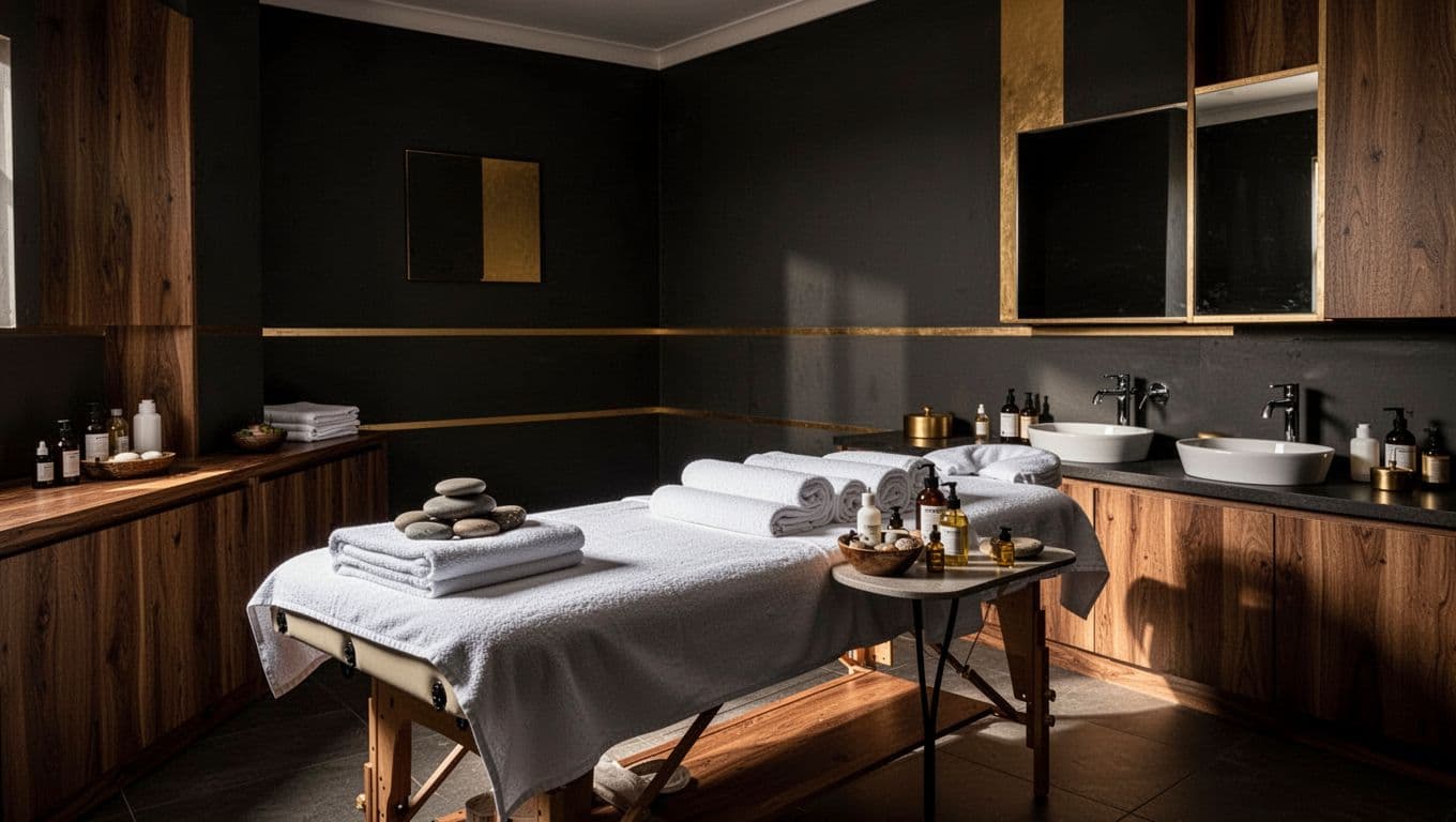 A clean massage room with a table, towels, stones, oil bottles, and a hand-washing station.