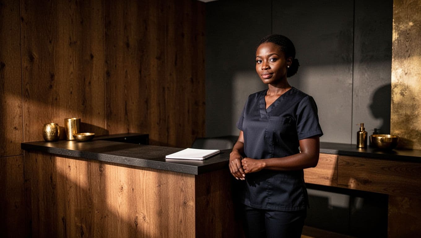 A wellness professional stands beside a desk with a phone and notebook.