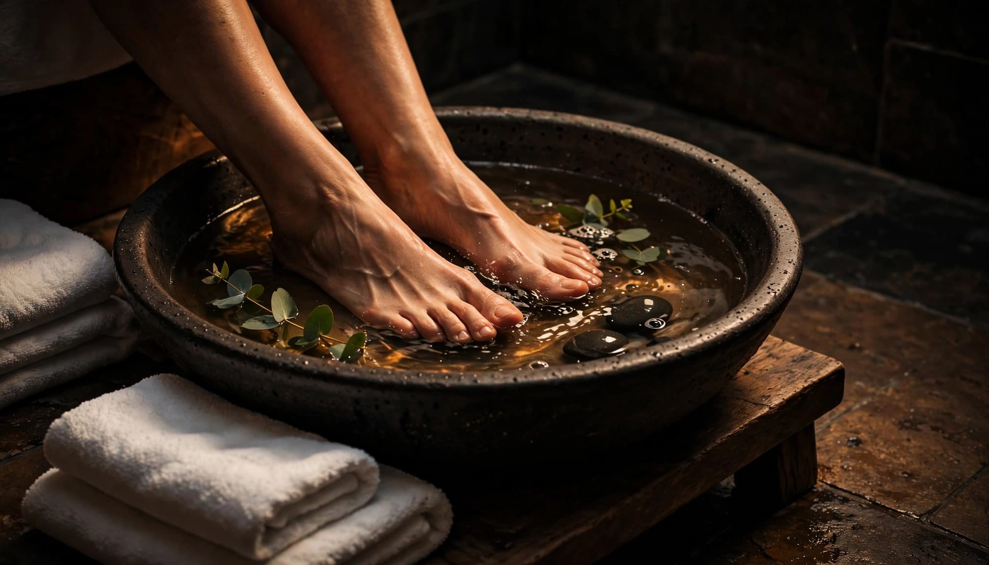 Adult feet rest beside a clean basin and folded towels in a warmly lit spa room.