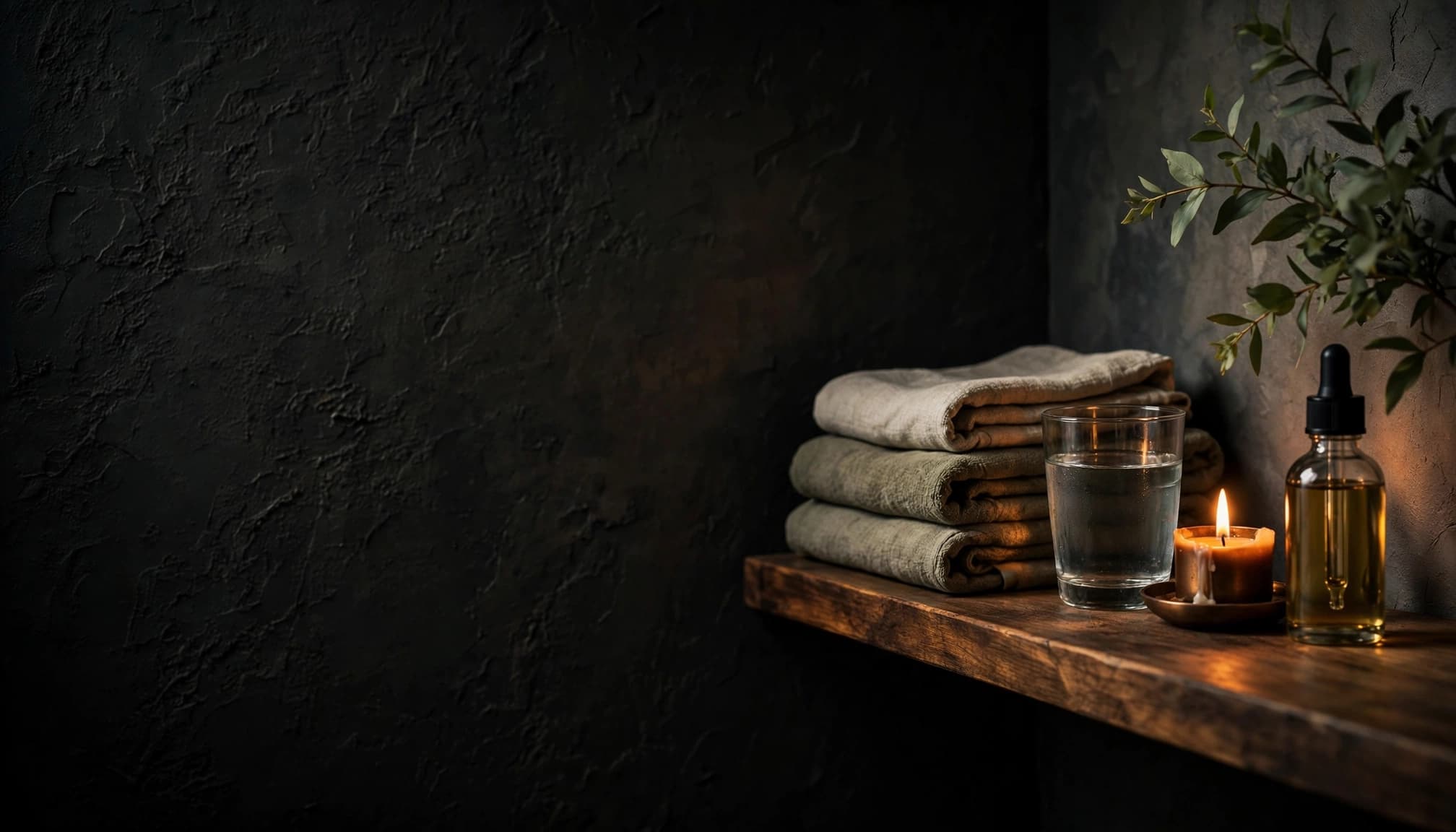 Towels, water, a candle, and massage oil arranged on a wooden spa shelf.