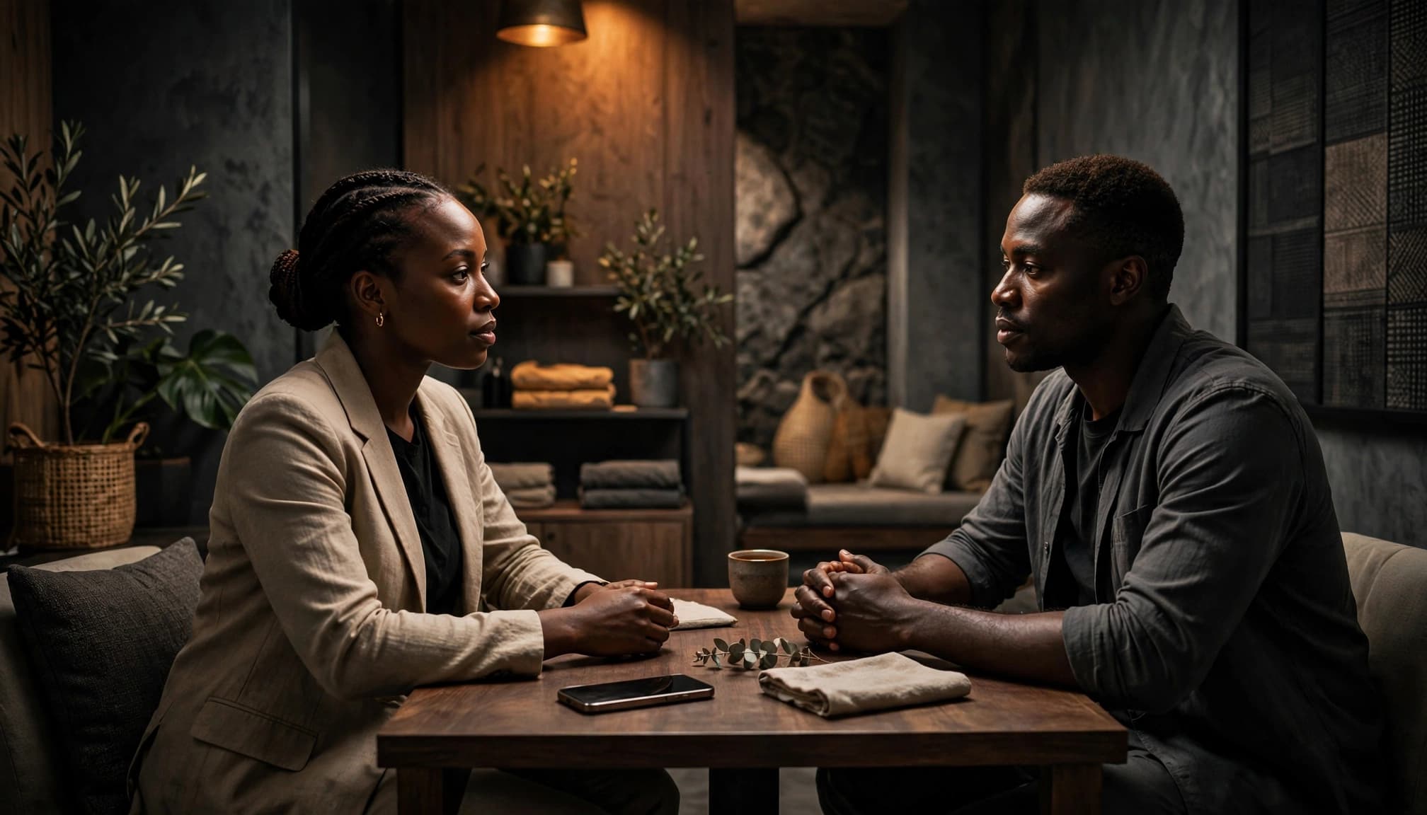 A therapist and client sit apart at a small table with a phone turned face down.