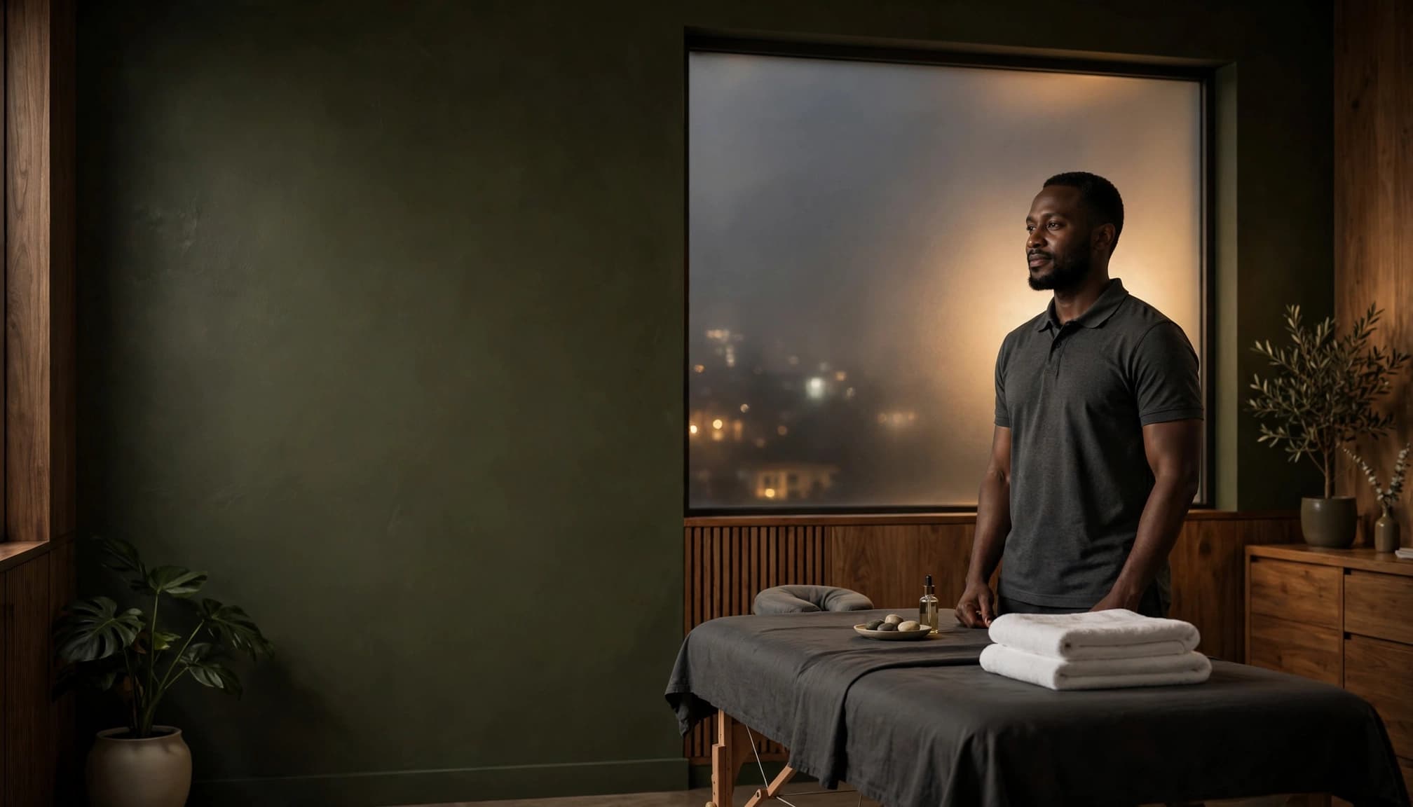 A male wellness professional stands beside a massage table in a softly lit room.