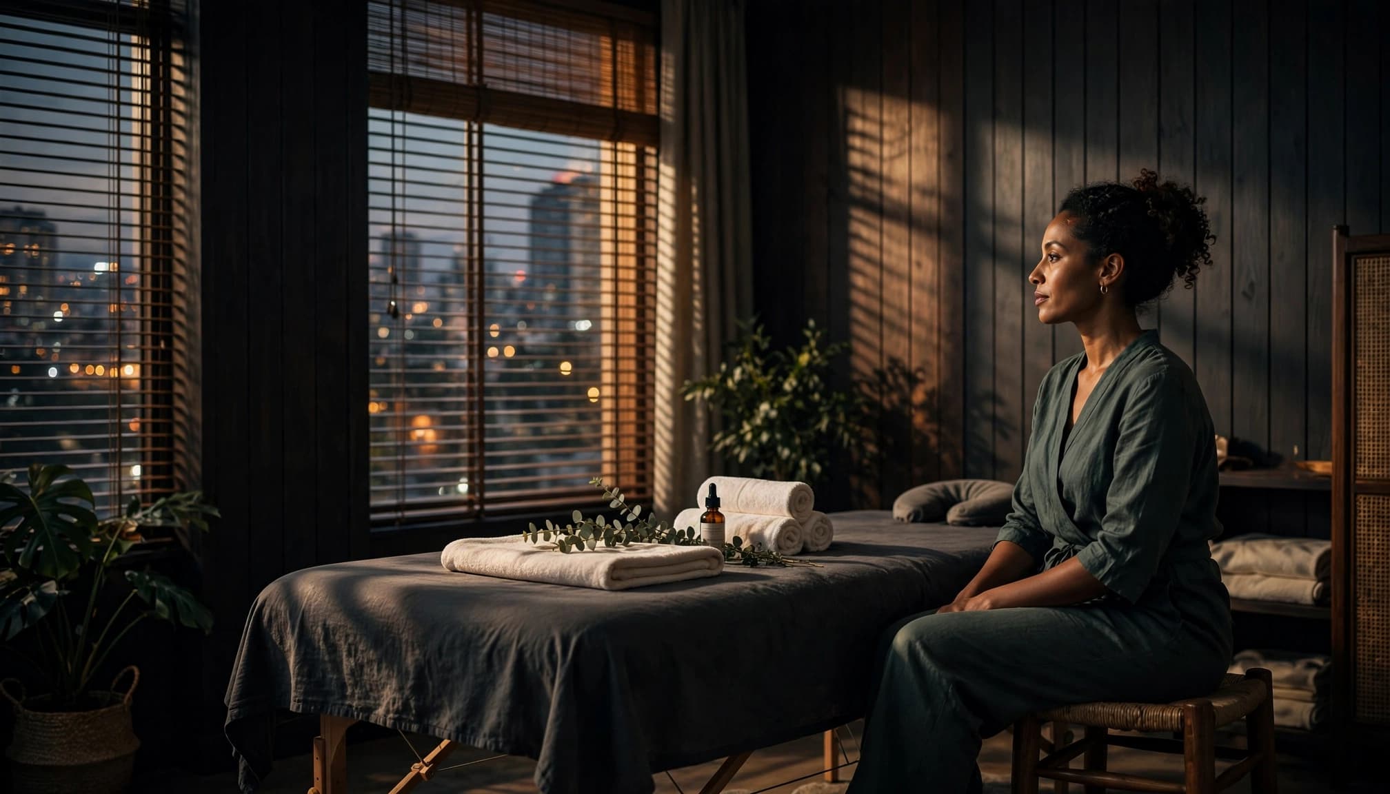 A wellness practitioner sits beside a massage table in a softly lit Nairobi studio.