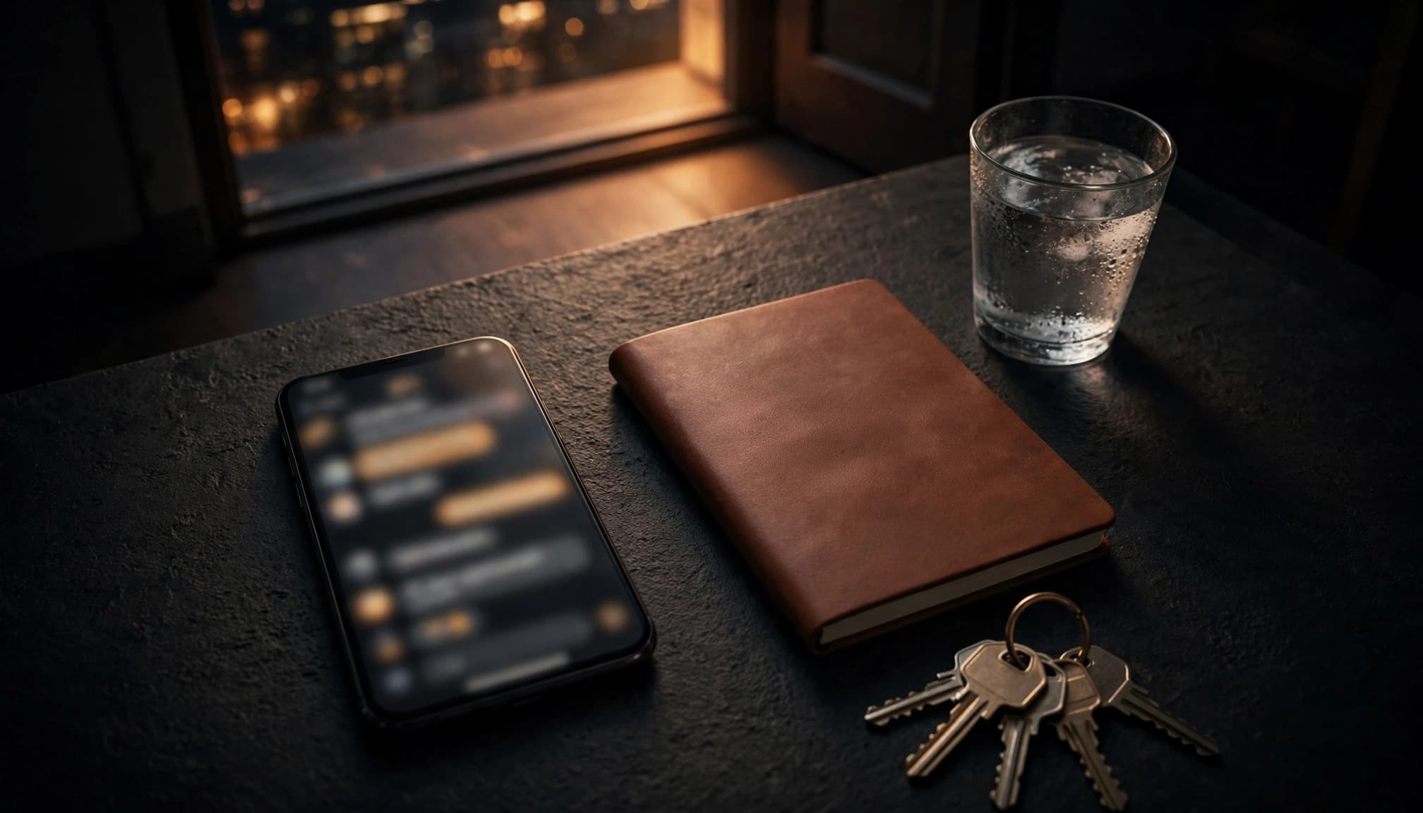 Phone, notebook, keys, and water on a table by a dim doorway.