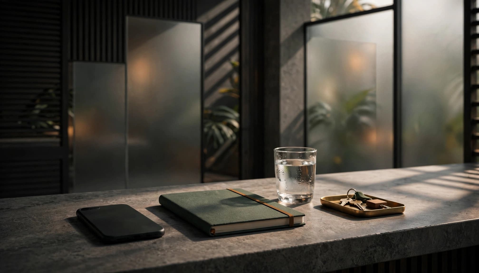 A turned-away phone, notebook, water glass, and key tray on a wellness reception counter.