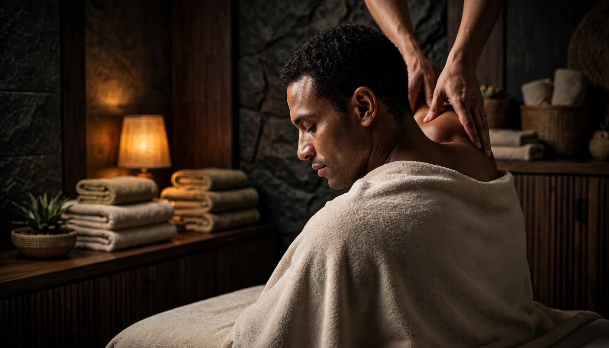 A draped man relaxes in a warm, softly lit massage room.