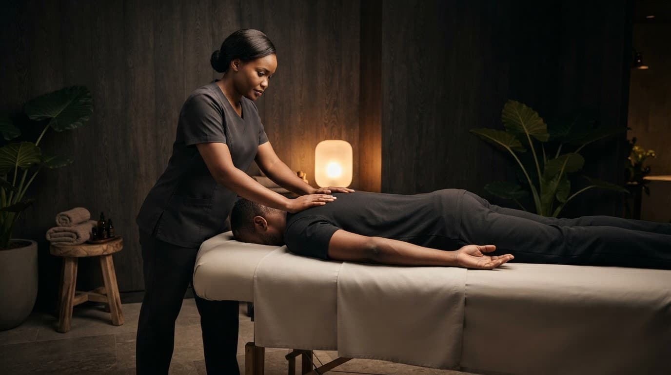 A therapist gives a clothed client a shoulder massage in a warmly lit studio.