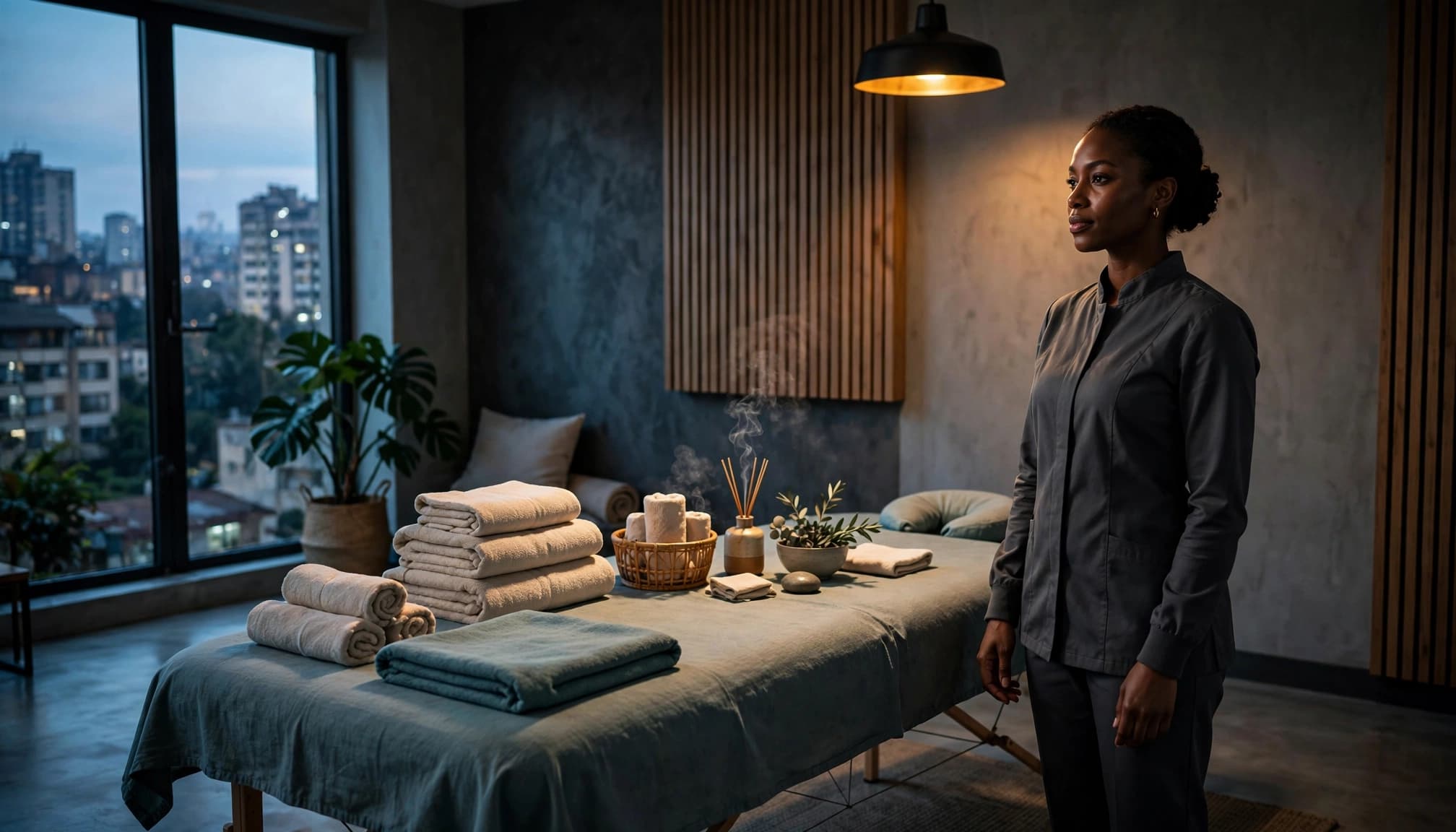 A wellness professional stands beside a prepared massage table in a softly lit studio.