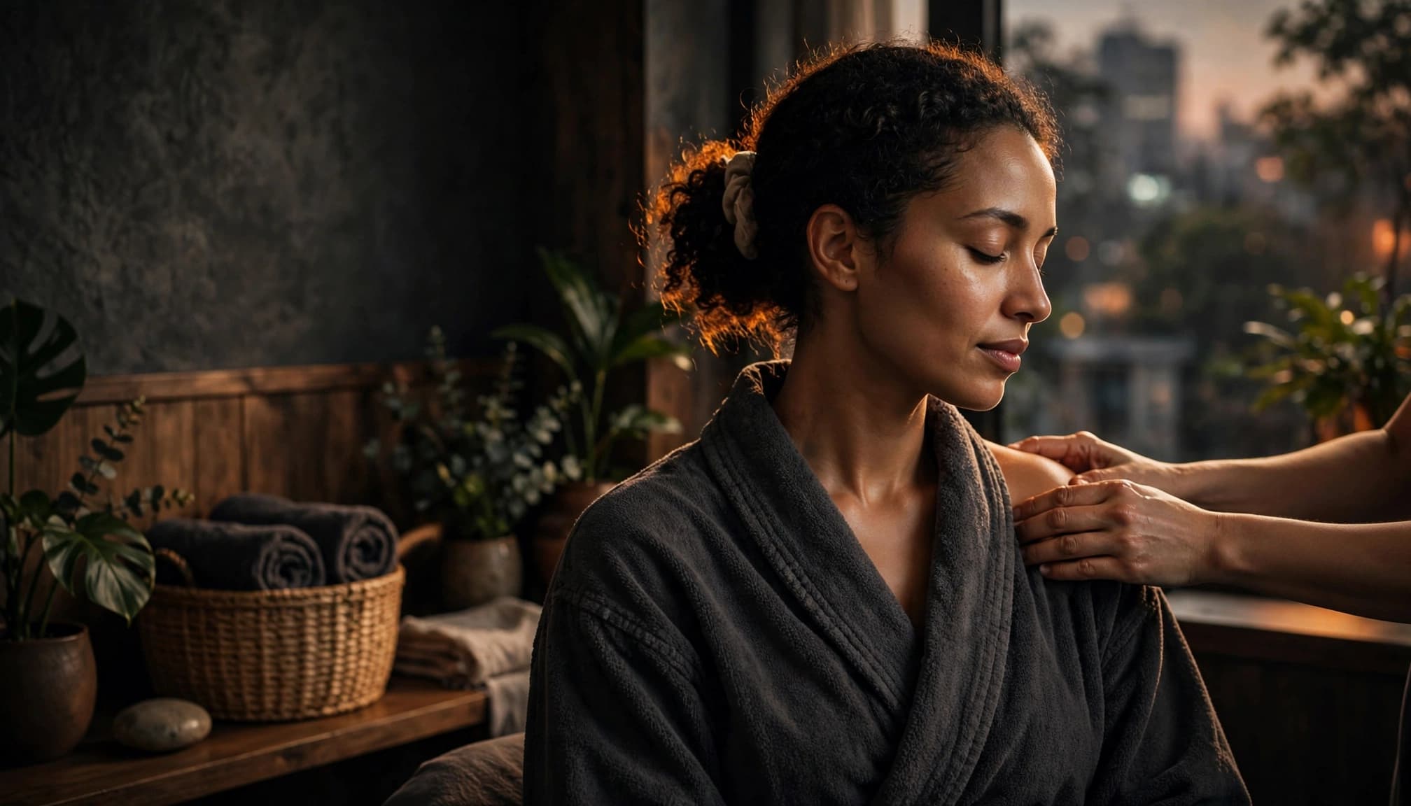 A woman in a spa robe receives a shoulder massage in a softly lit room.
