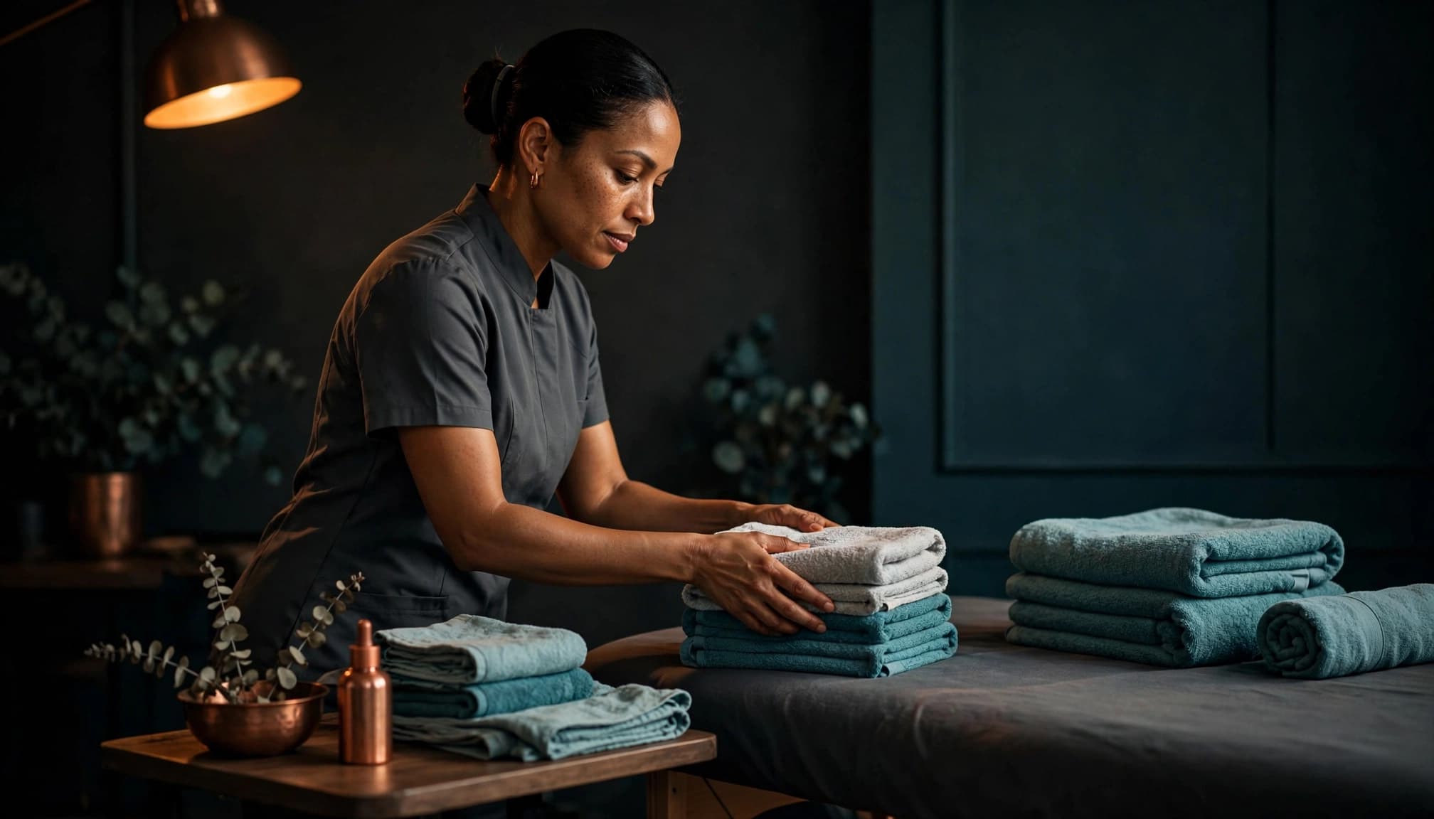 Therapist arranging folded towels beside a massage table in a warmly lit studio.